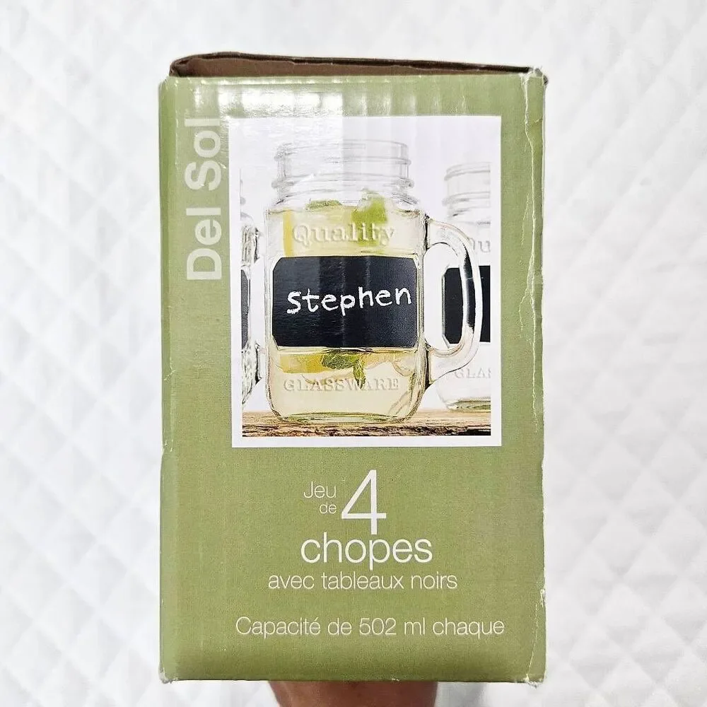 DEL SOL Set of 4 Mason Mugs with Chalkboards, 17oz, Summer Rustic Drink Glasses